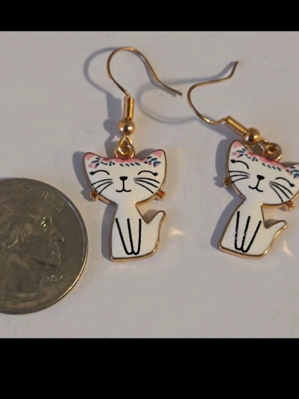 Enamel Cat Earrings Dangle White Boho Pink Floral Fashion Jewelry Accessory